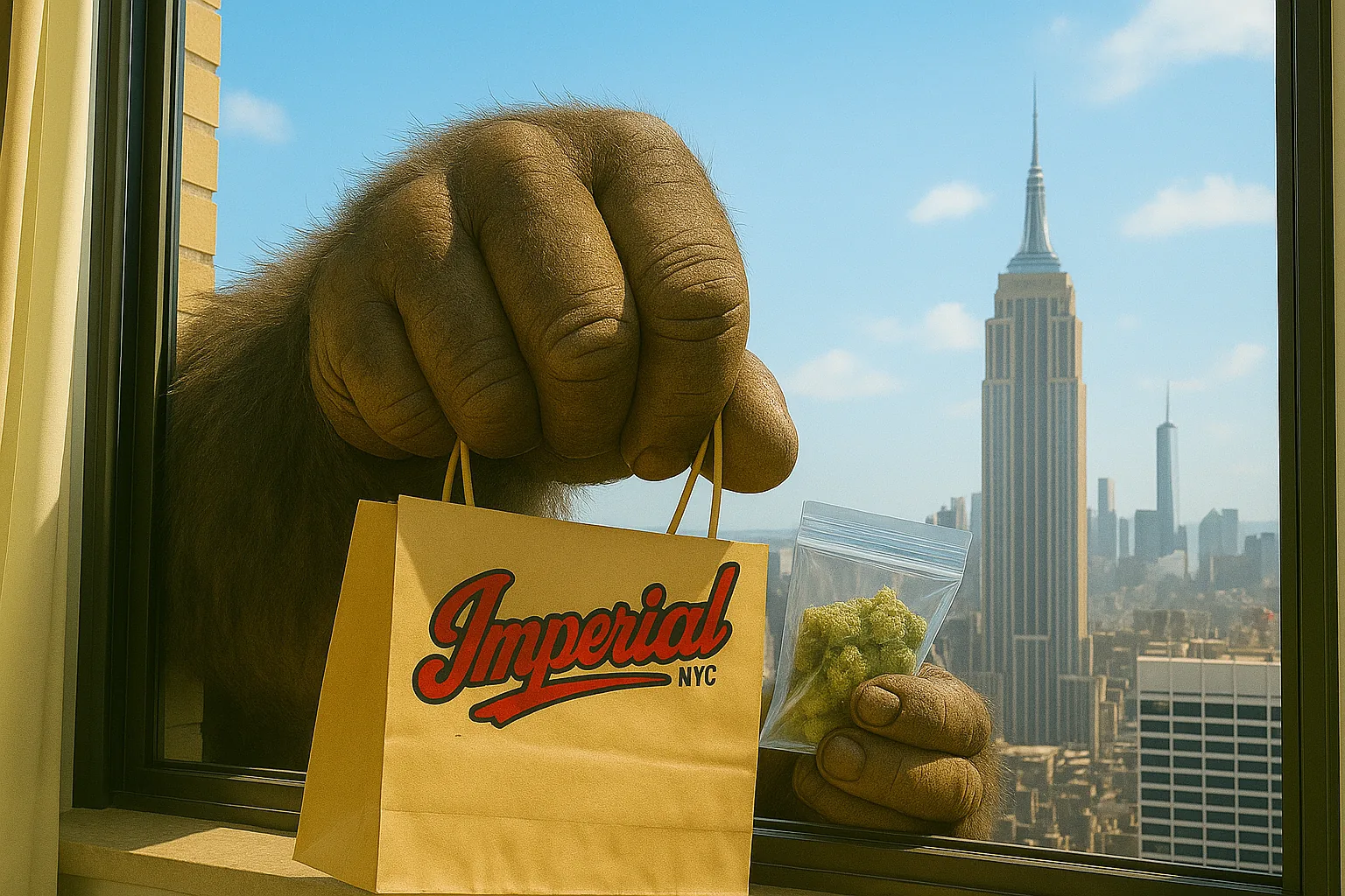 Ape fist holding an Imperial NYC bag above the Manhattan skyline